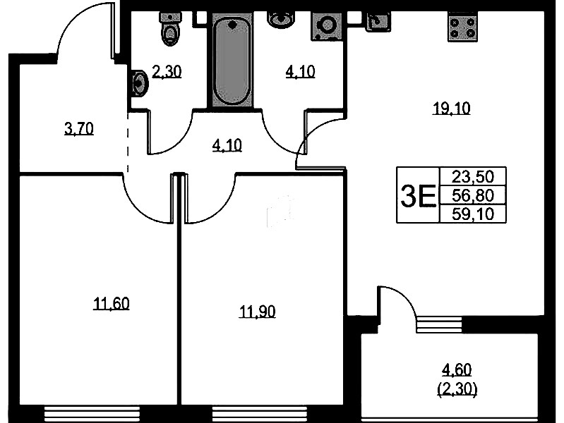 2-комнатная квартира 59.1 м², 2/12 эт., ЖК «А101 Лаголово»